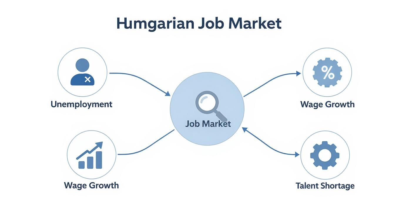 Diagram illustrating the Hungarian job market's key factors: unemployment, wage growth, and talent shortage.