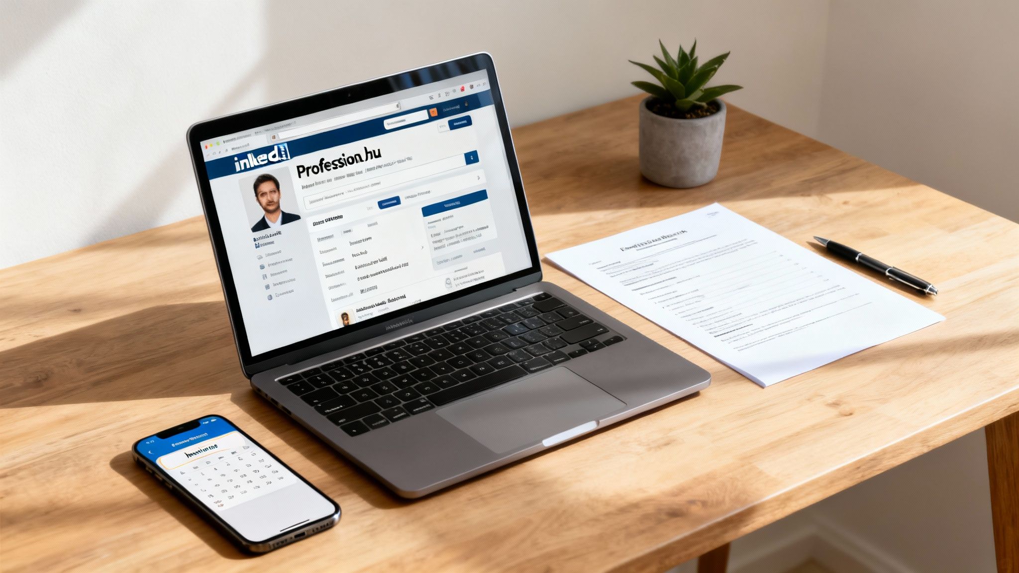 A laptop displaying a job search website, a smartphone, documents, and a plant on a wooden desk.