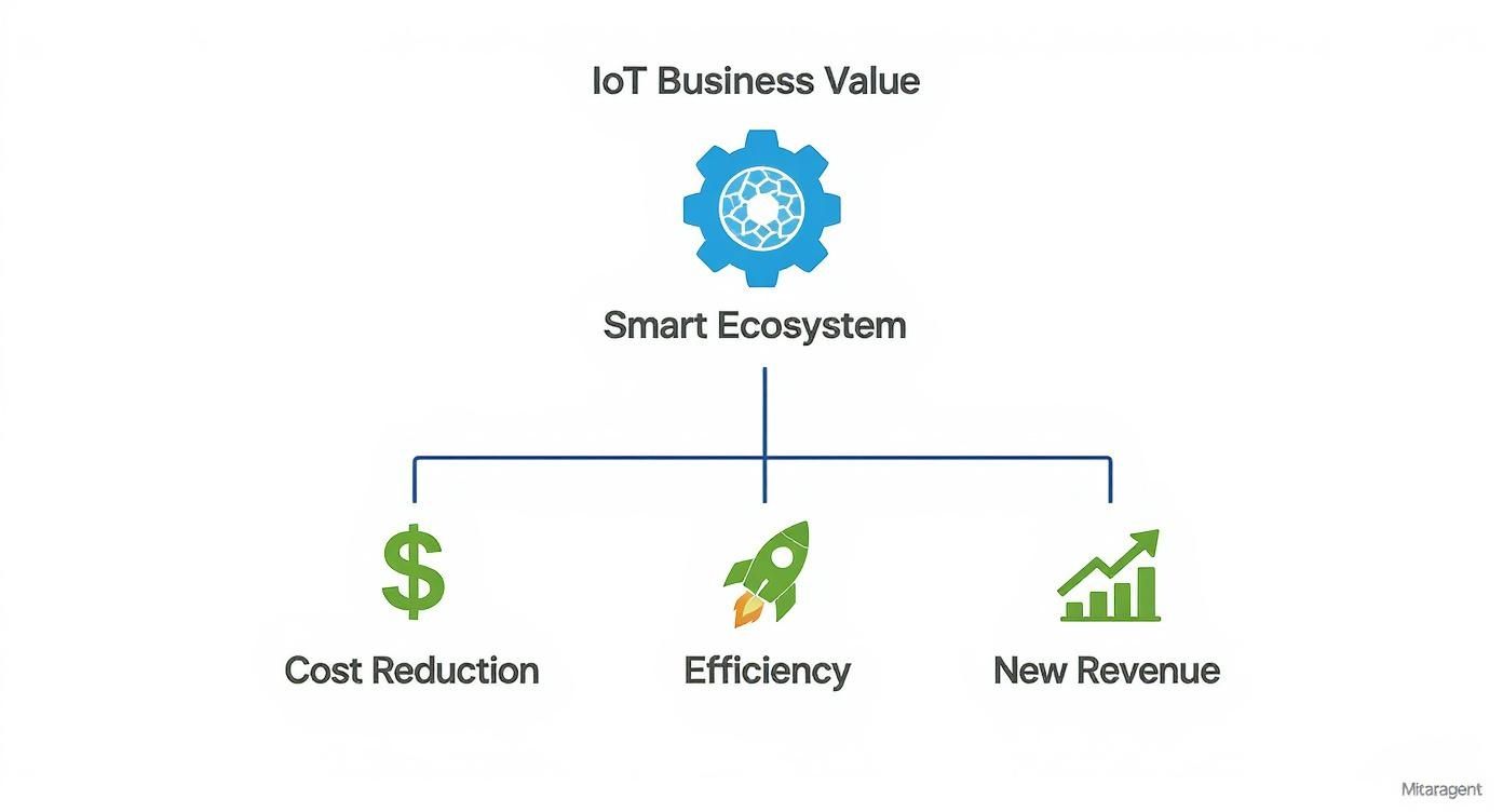 Diagram showing IoT Business Value: a Smart Ecosystem leads to Cost Reduction, Efficiency, and New Revenue.