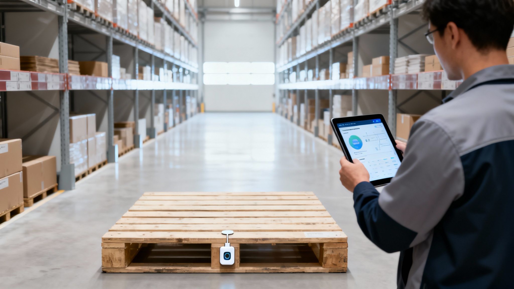 Logistics worker in a smart warehouse checking IoT sensor data on a pallet with a tablet.
