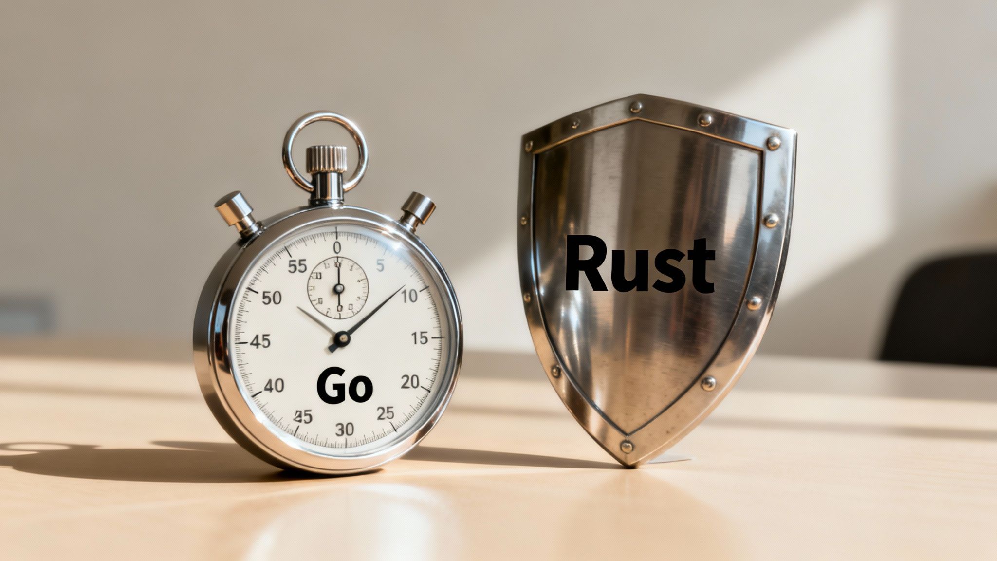 A stopwatch labeled 'Go' next to a metallic shield labeled 'Rust' on a wooden desk, symbolizing the programming languages.