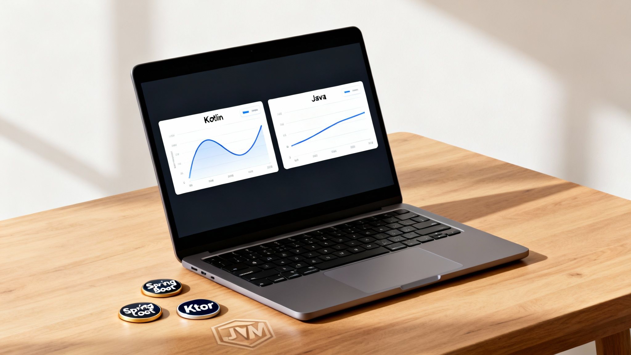 Laptop displaying Kotlin and Java programming language performance graphs, with Spring Boot and Ktor tokens.