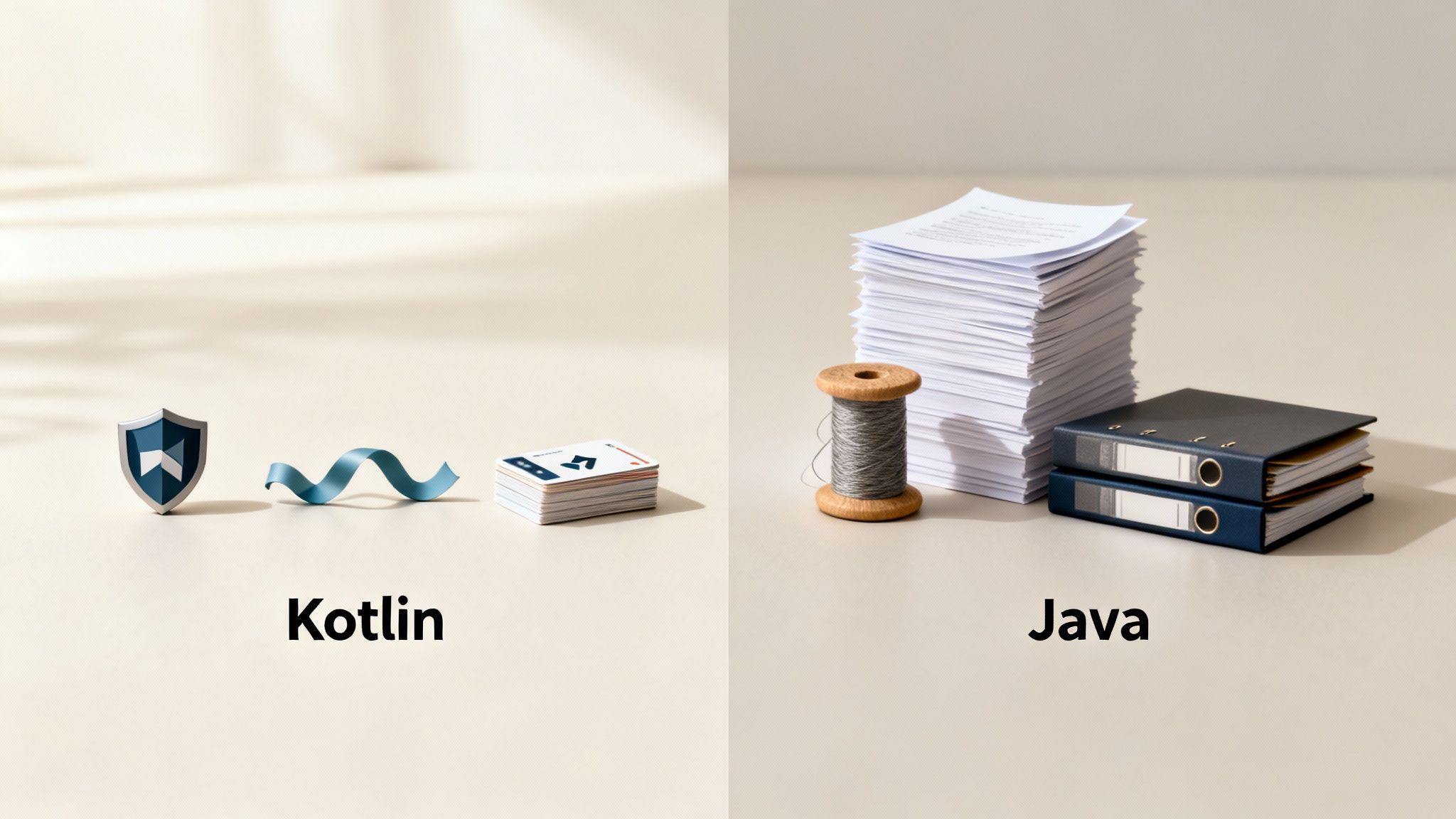 Comparison of Kotlin (shield, ribbon, cards) and Java (stack of papers, thread spool, binders).