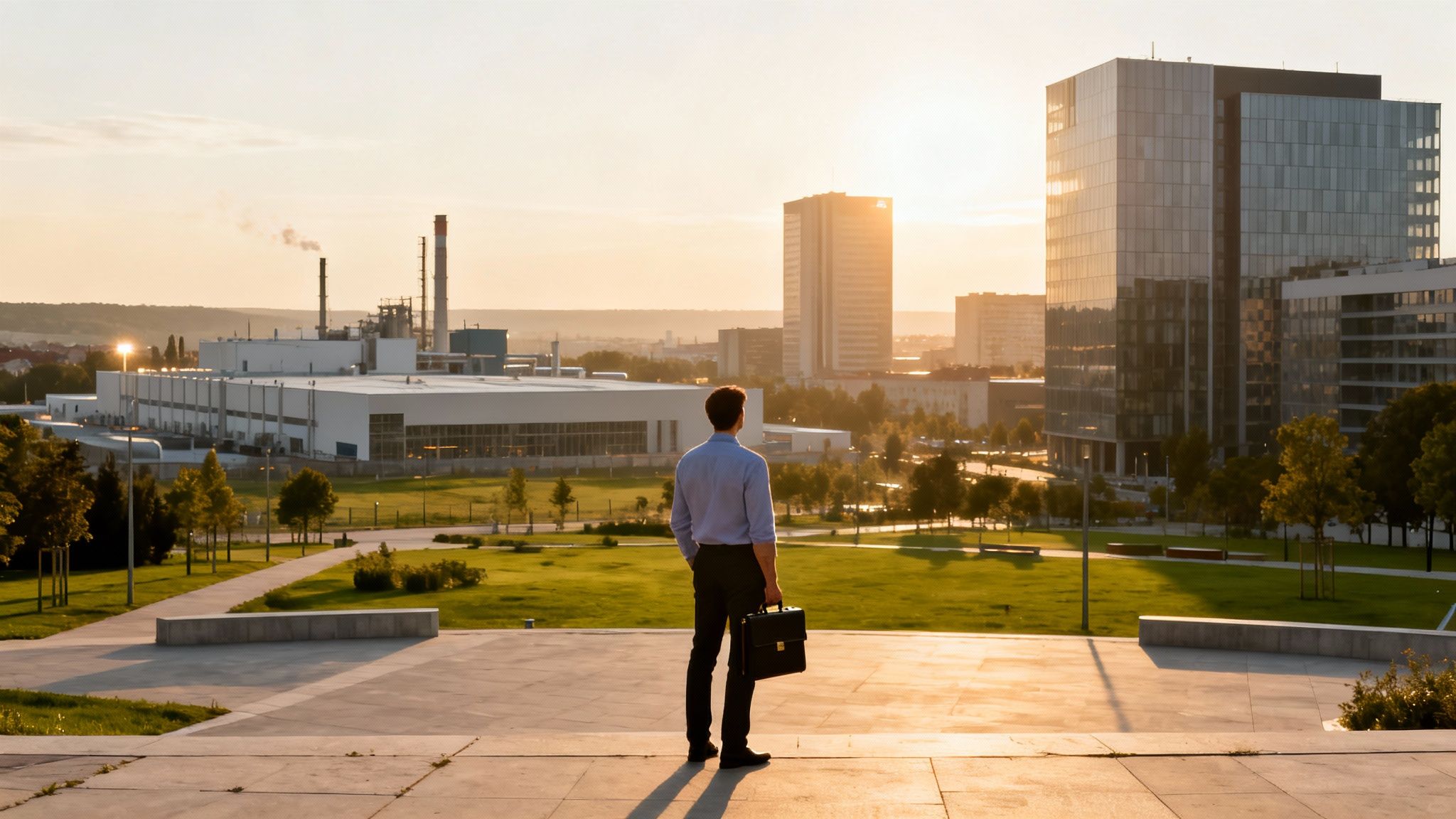 A businessman stands, briefcase in hand, looking at a city skyline with both offices and factories at sunset.