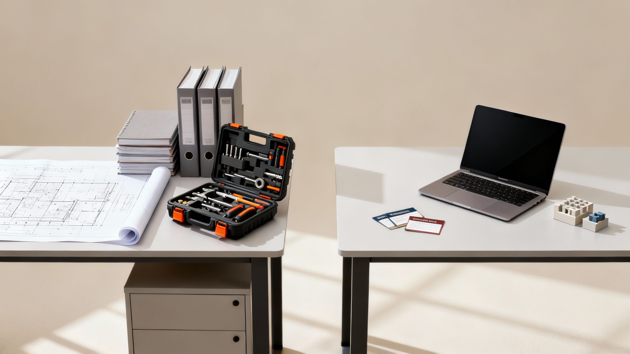 Two office desks contrasting a traditional workbench with blueprints and tools against a modern laptop setup.