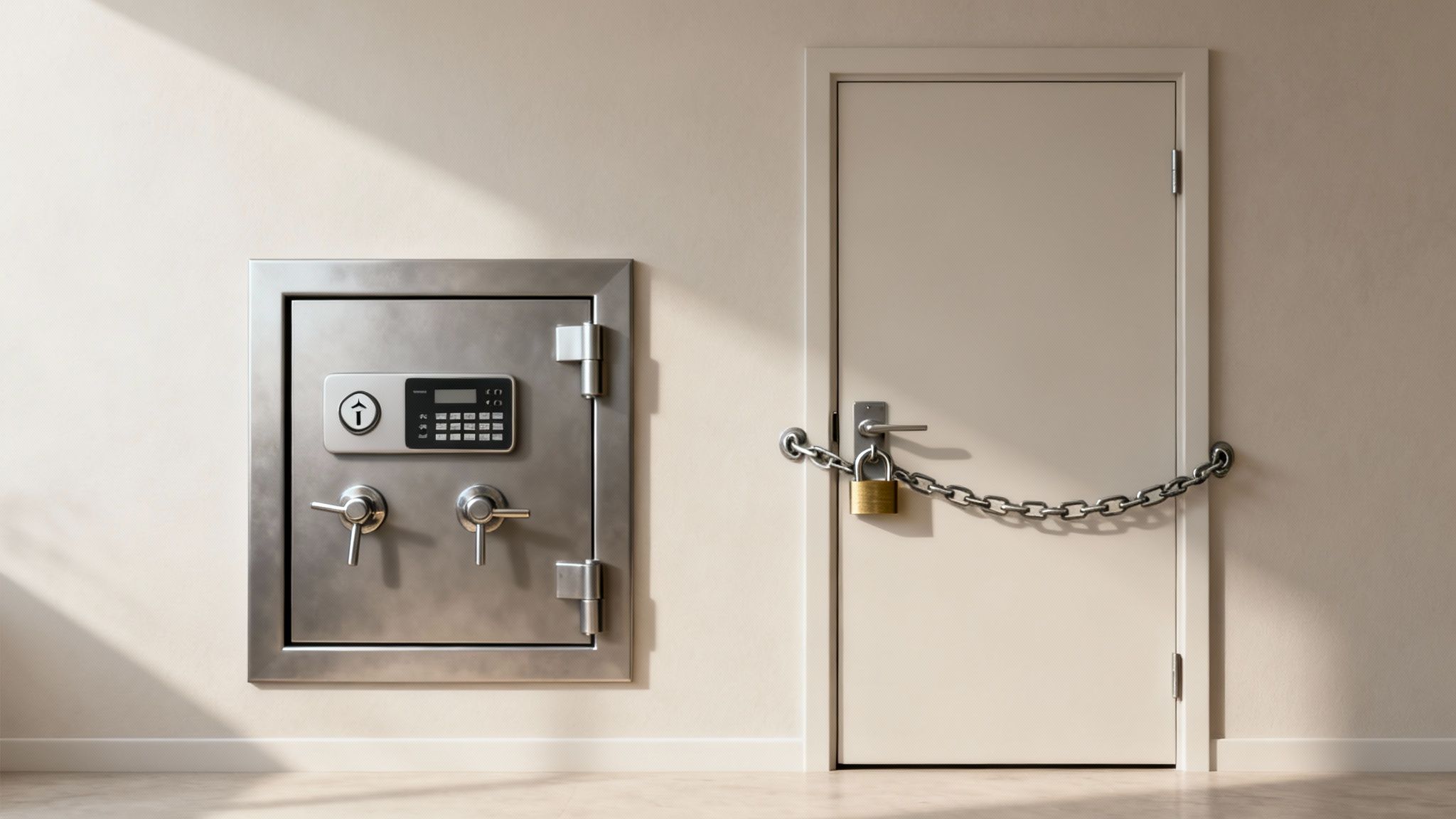 A secure room featuring a wall-mounted safe with digital keypad next to a door chained and padlocked.