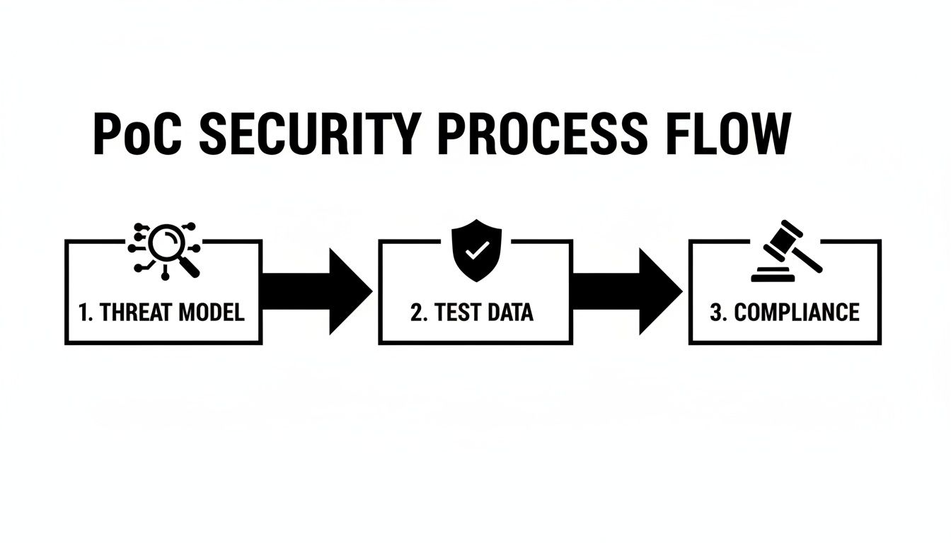 A PoC security process flow diagram showing three steps: Threat Model, Test Data, and Compliance.