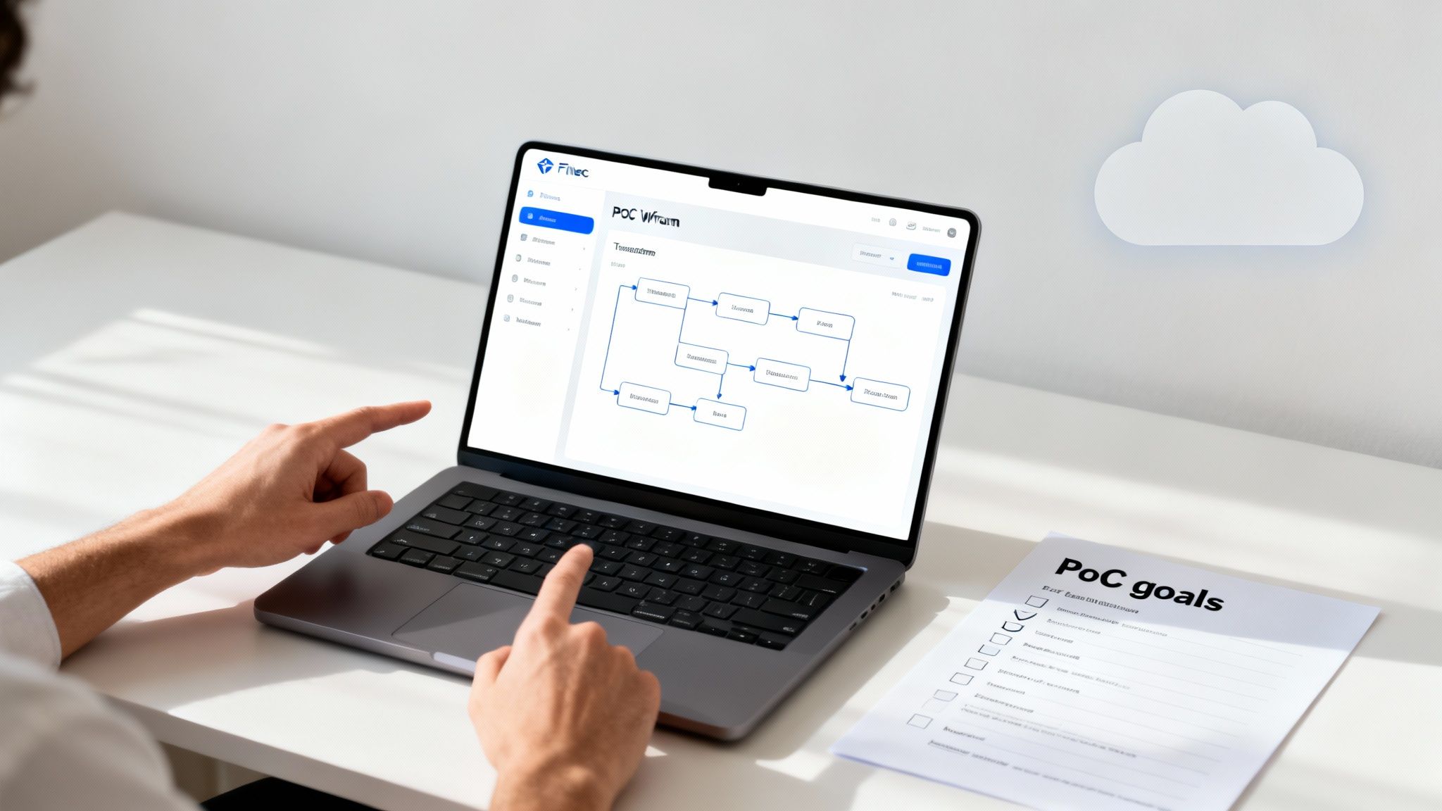 Person reviewing a workflow diagram for a Proof of Concept on a laptop, with PoC goals document.