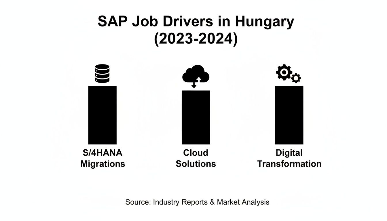 A chart illustrating SAP job drivers in Hungary (2023-2024): S/4HANA Migrations, Cloud Solutions, and Digital Transformation.