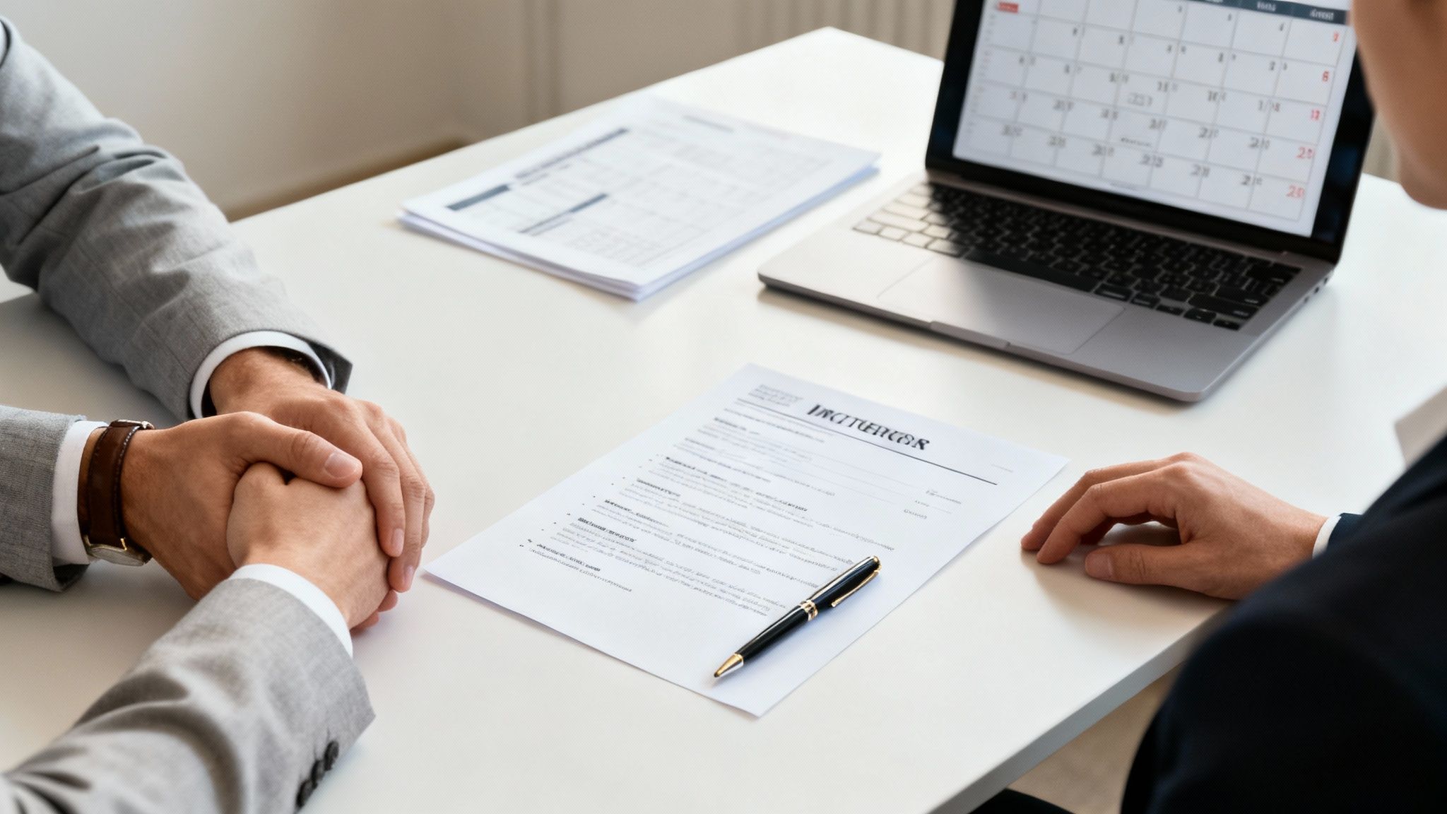 Two business professionals discussing documents and a laptop during a meeting or job interview.