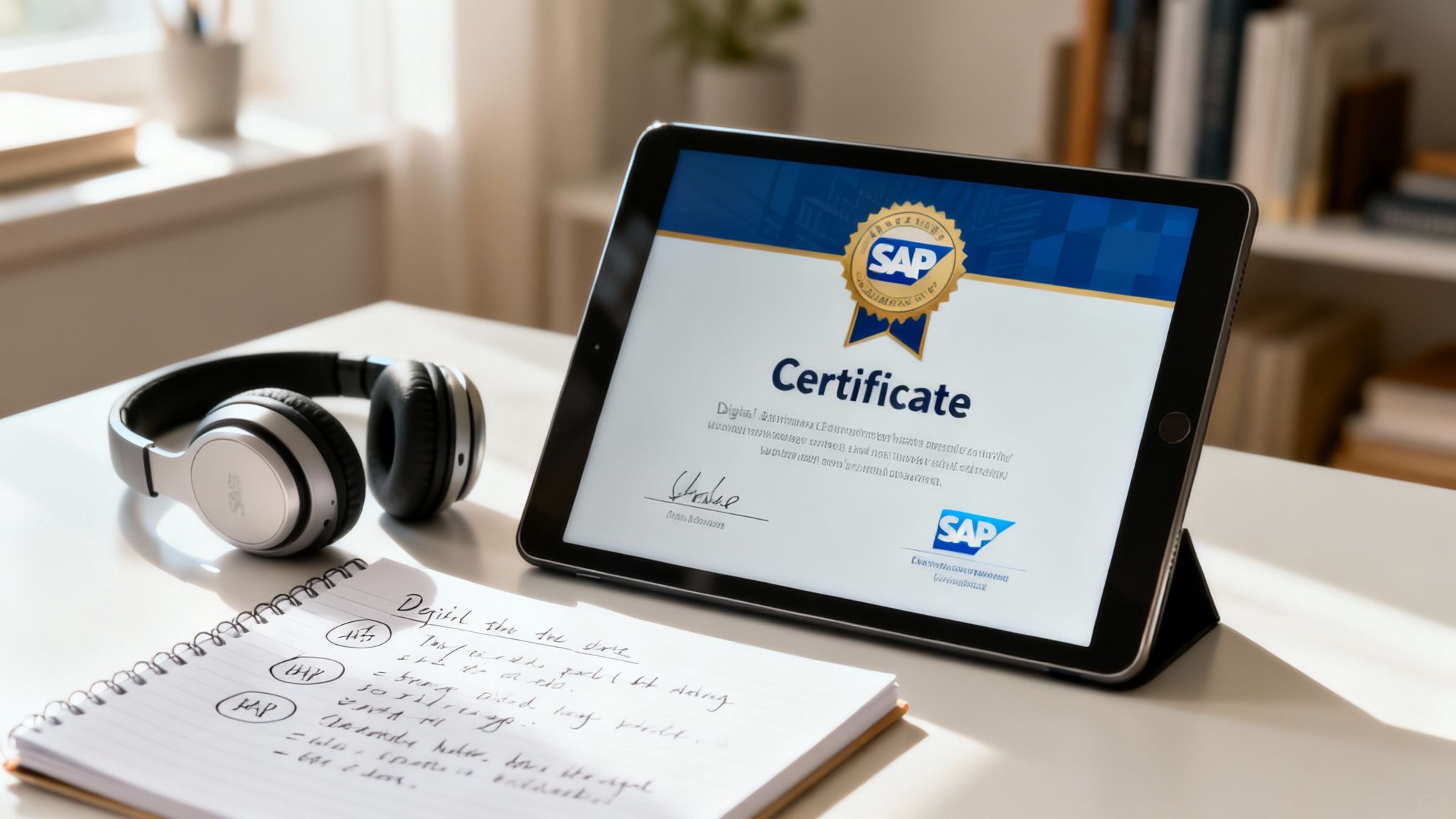 Digital learning setup with an SAP certificate on a tablet, headphones, and a notebook.
