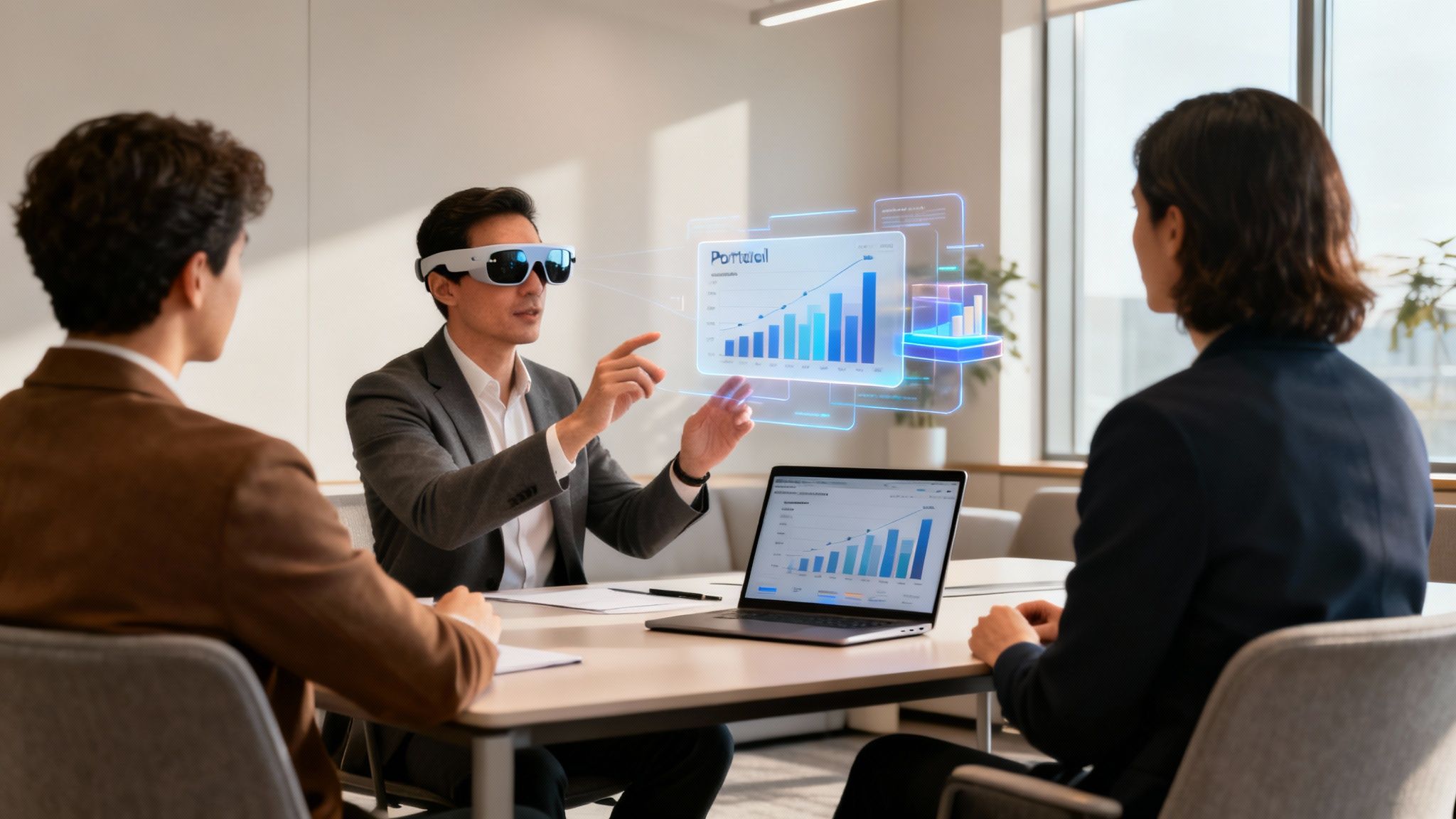 A man wearing AR glasses presents financial data visualizations to colleagues in a business meeting.