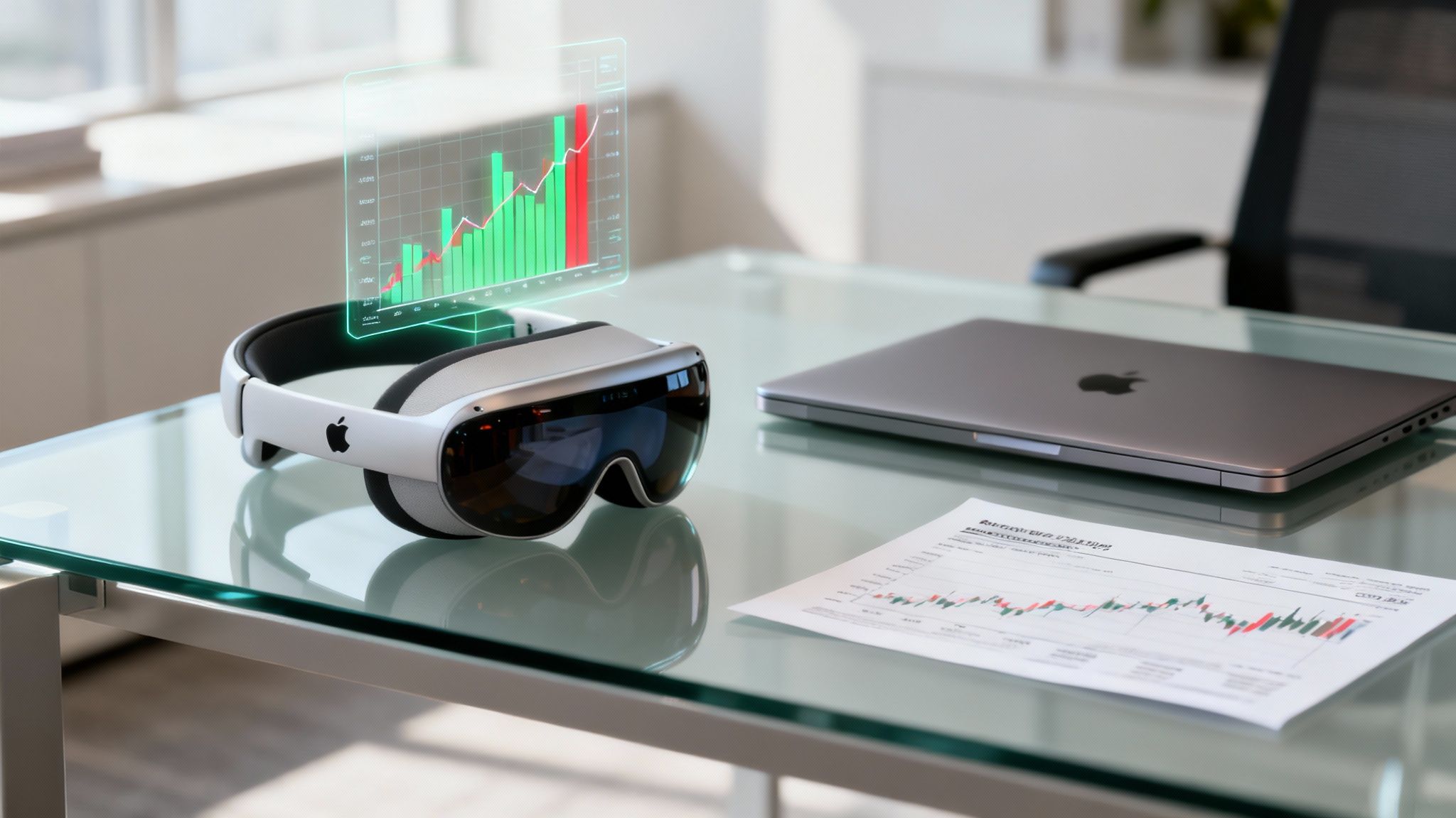 Apple Vision Pro headset on a glass desk with a holographic financial chart and a MacBook.