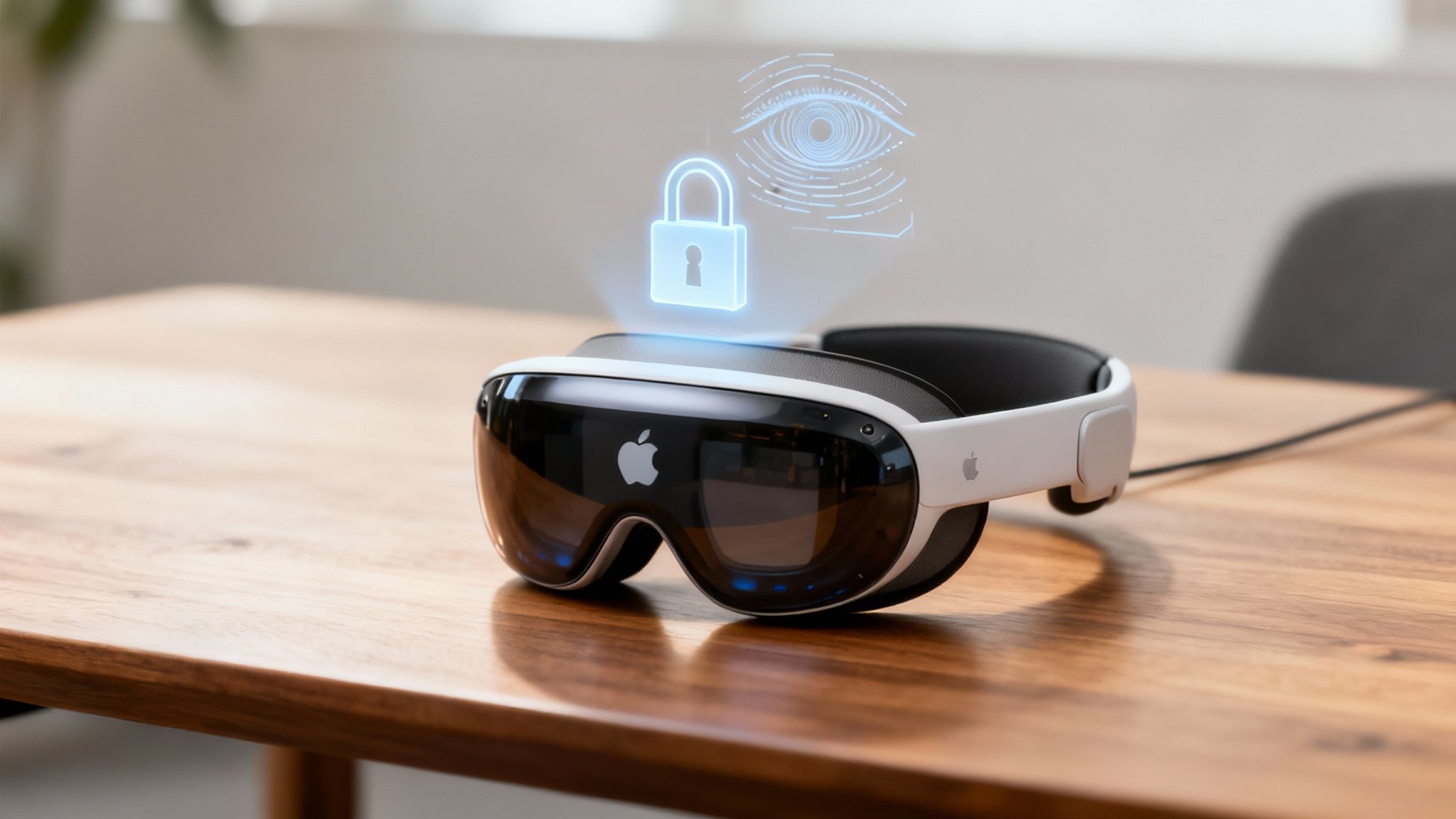 Apple Vision Pro headset on a wooden table with holographic biometric security icons.