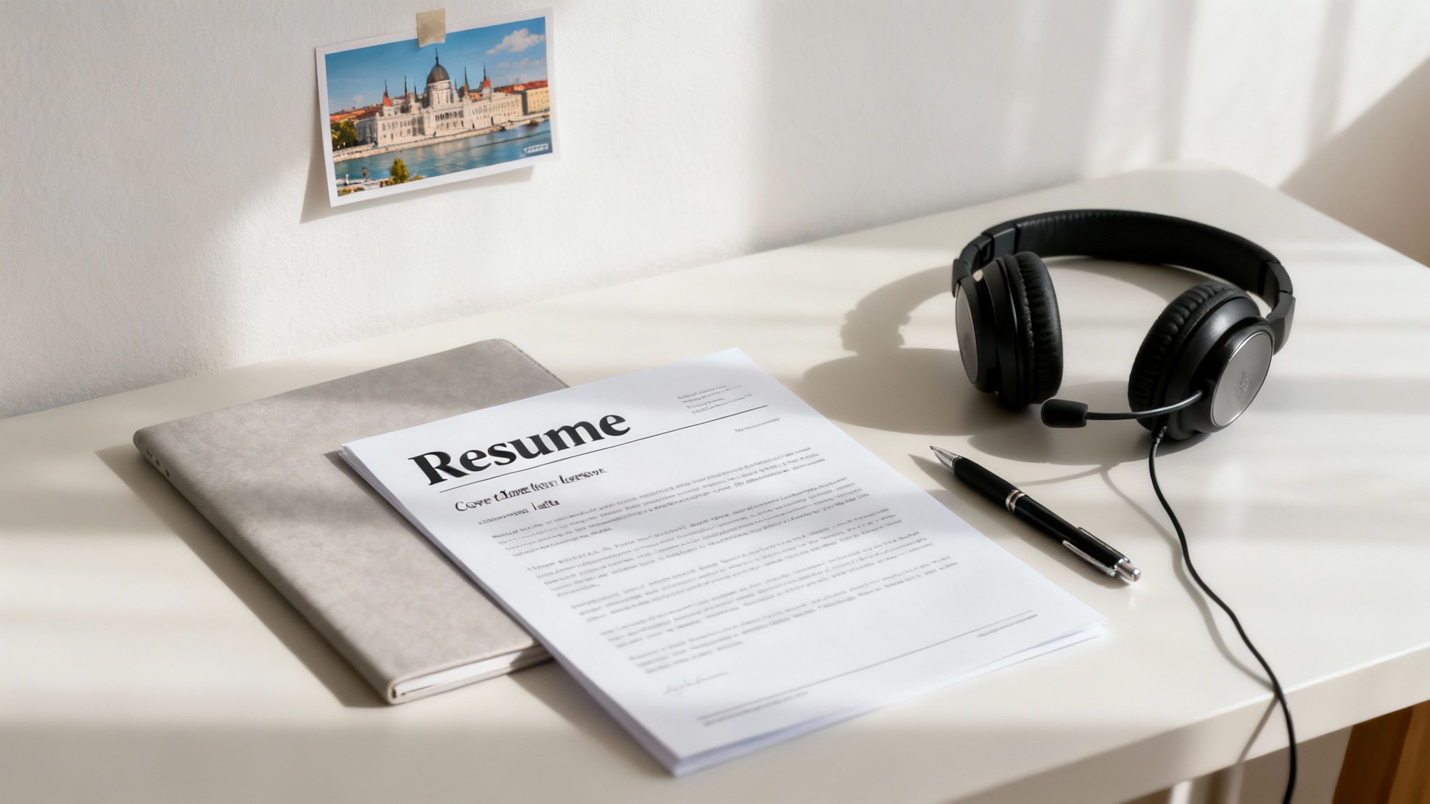 A clean white desk with a resume document, black headphones, a pen, and a gray notebook, next to a postcard on the wall.