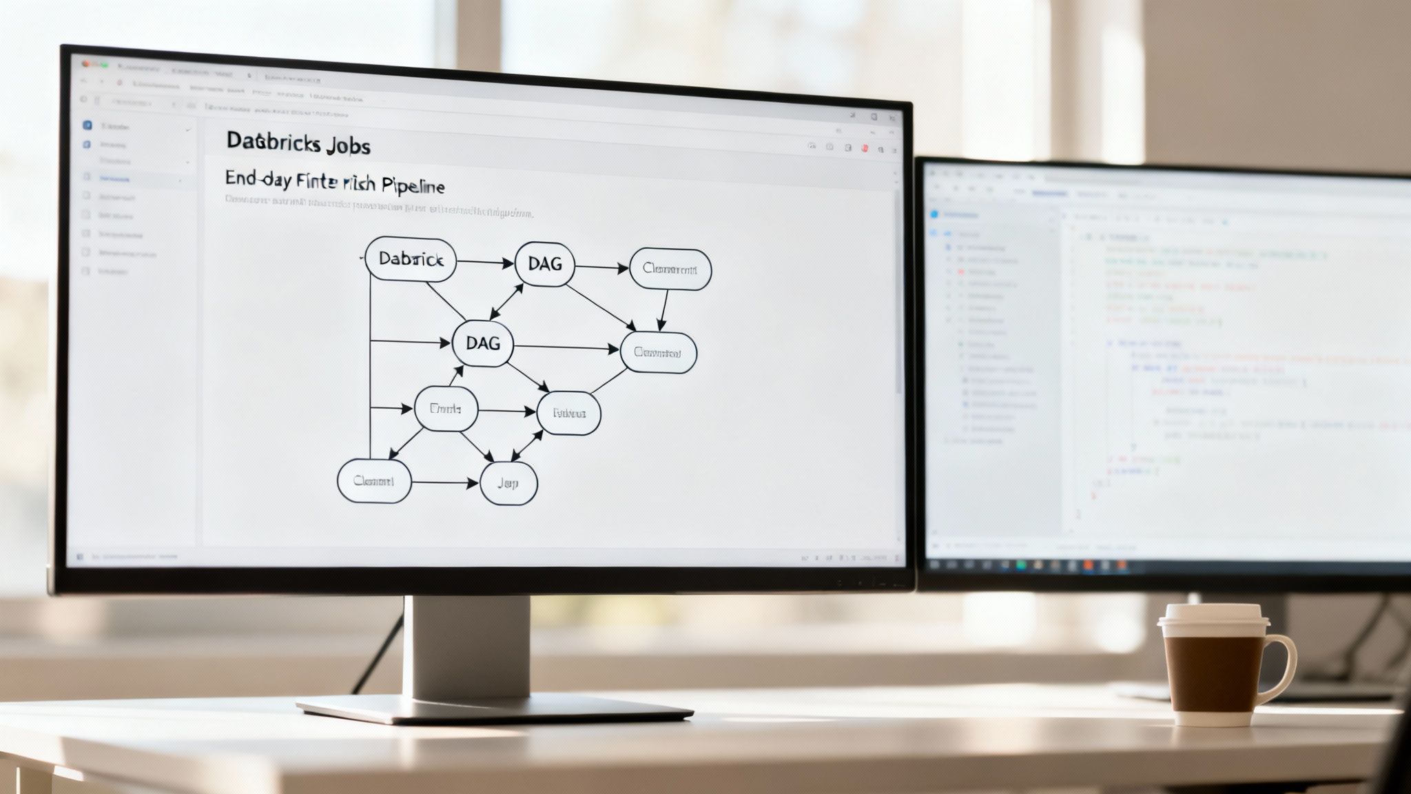 A dual monitor setup shows a Databricks job pipeline diagram on the left screen and code on the right.