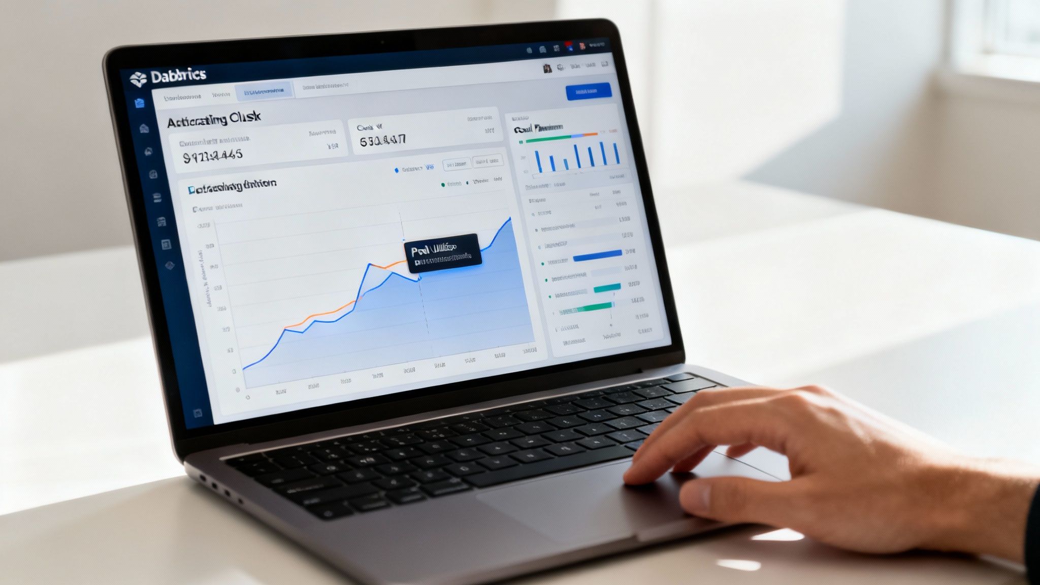 A person's hand on a laptop displaying a data analytics dashboard with various graphs and charts.
