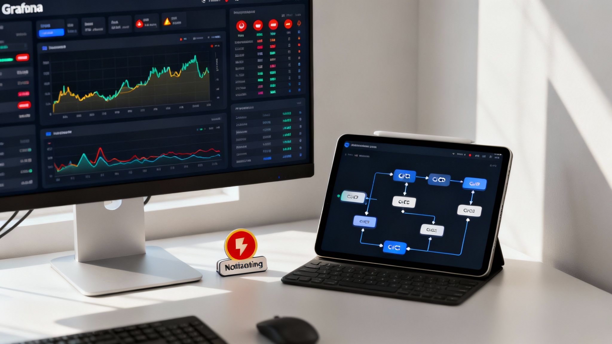 Modern workspace with a desktop monitor displaying Grafana analytics and a tablet showing a data pipeline.
