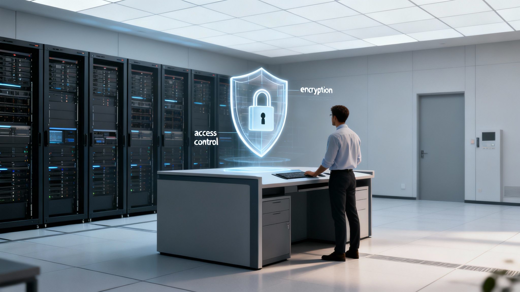 A data engineer monitors data security in a server room with holographic encryption and access control displays.