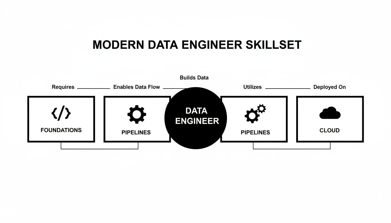 Diagram illustrating the modern data engineer skillset, connecting foundations, pipelines, and cloud environments.
