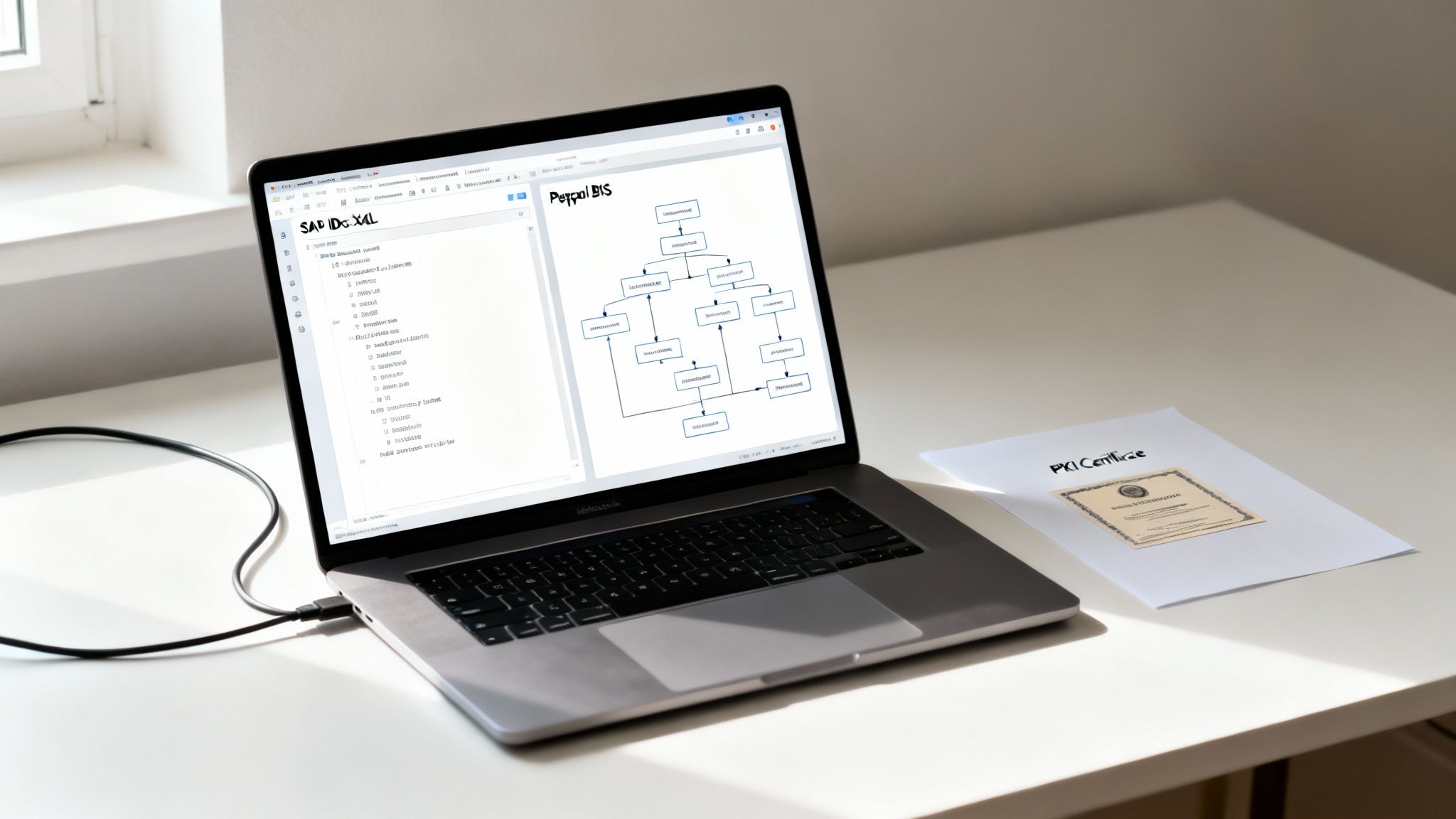 Laptop displaying Peppol BIS diagram and SAP IDoc XML, with a PKI certificate document.