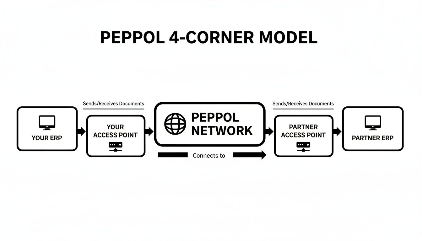 A diagram illustrating the PEPPOL 4-corner model for document exchange between ERPs via access points.