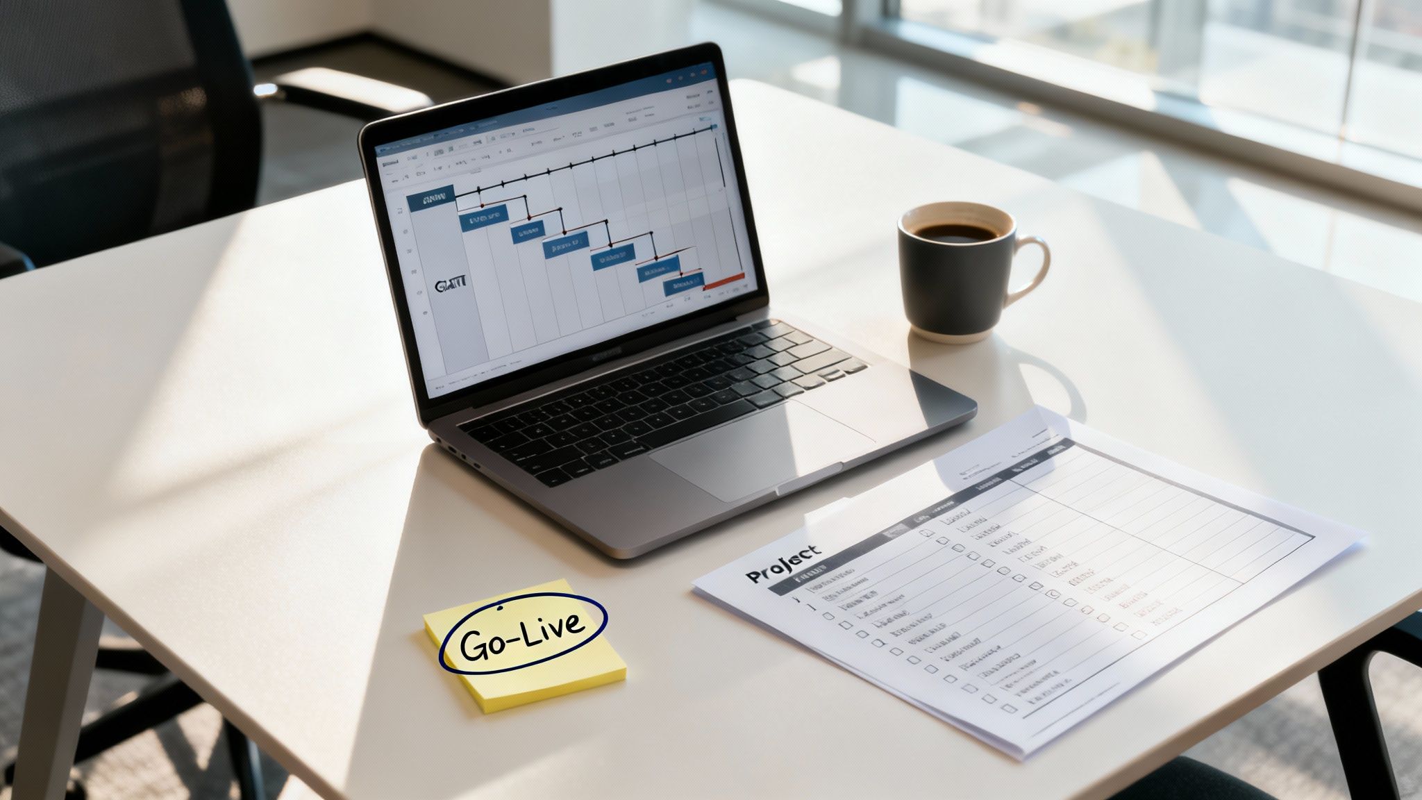 A laptop displaying a Gantt chart, coffee, project checklist, and a 'Go-Live' sticky note on a white office desk.