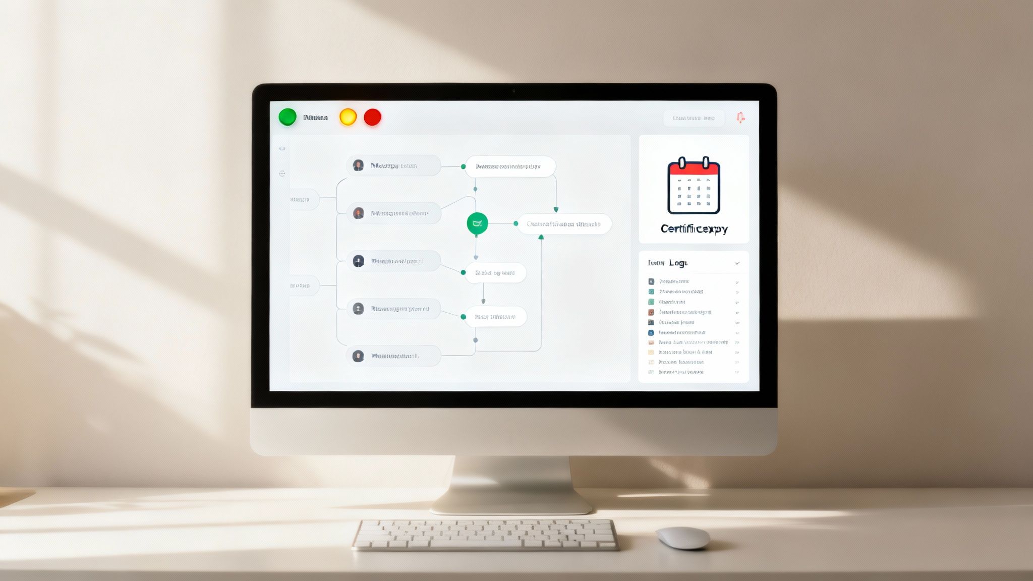 A computer monitor displays a complex flowchart application with a calendar widget and team logs.