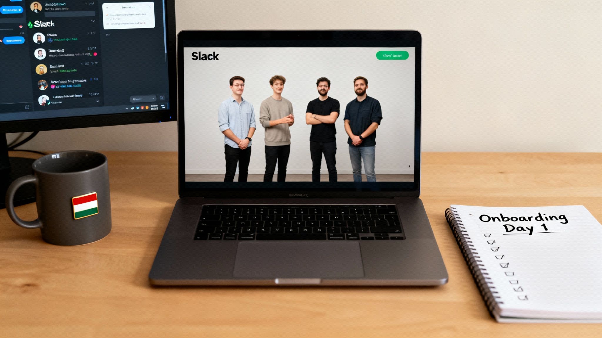 Office desk with a laptop displaying a Slack meeting, monitor, Hungarian flag mug, and onboarding notebook.