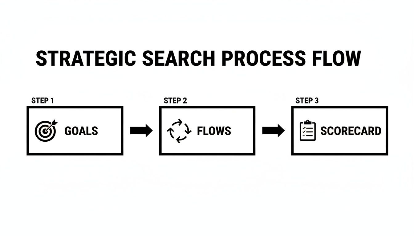 A three-step strategic search process flow diagram illustrating goals, flows, and a scorecard.