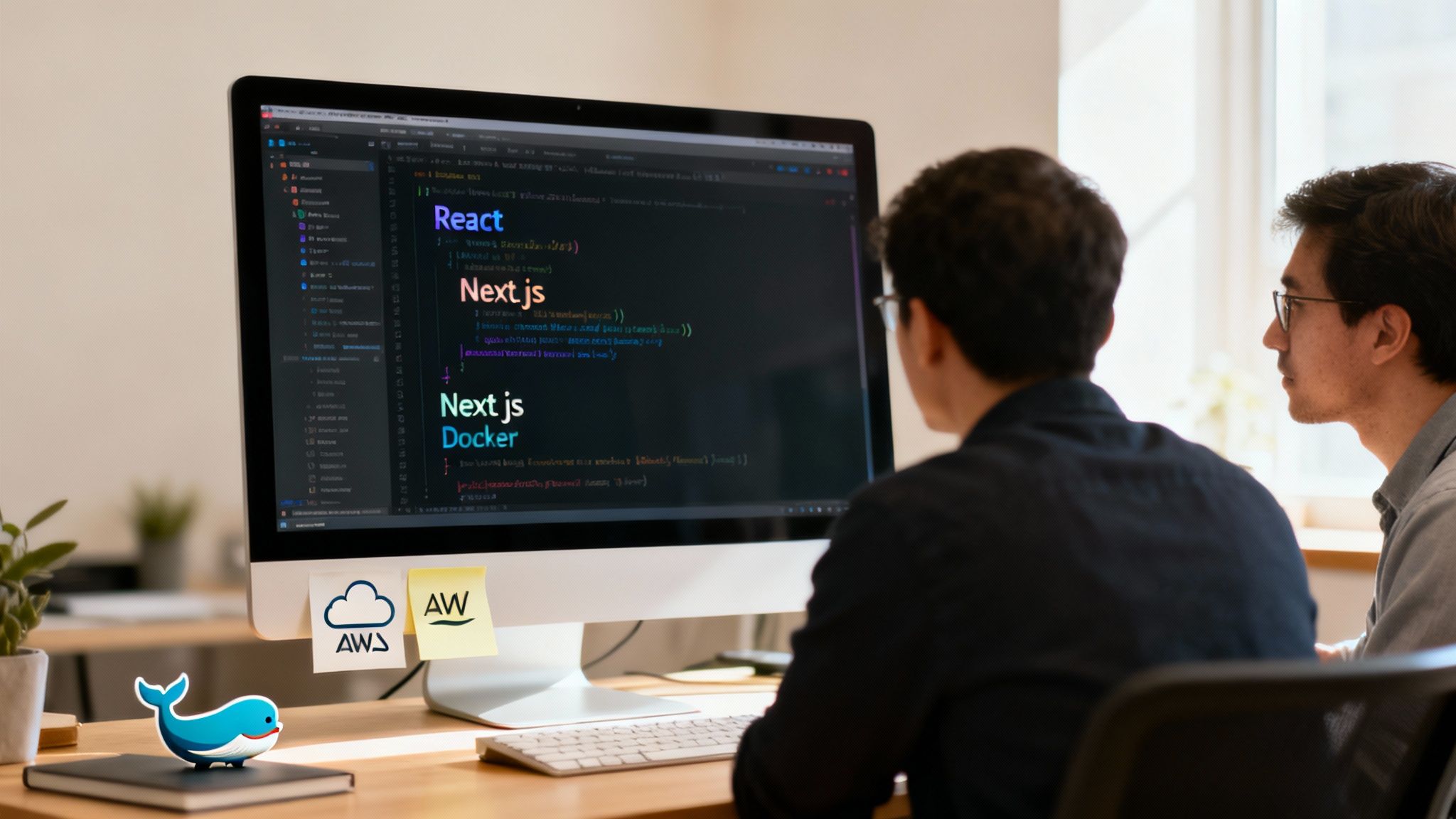 Two developers coding collaboratively on a desktop computer displaying React, Next.js, and Docker.