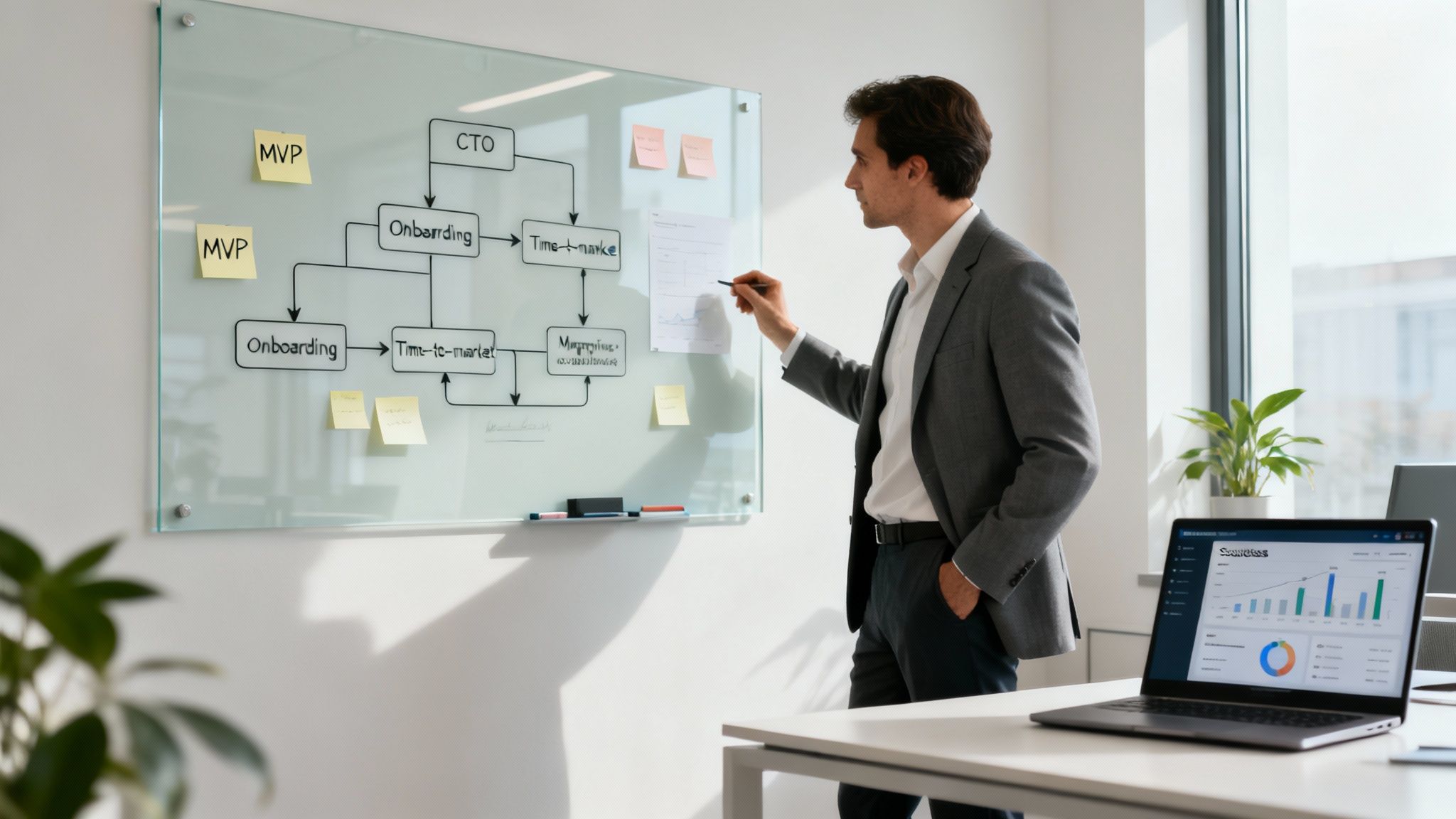 A businessman in a suit points at a workflow chart on a glass whiteboard in an office.