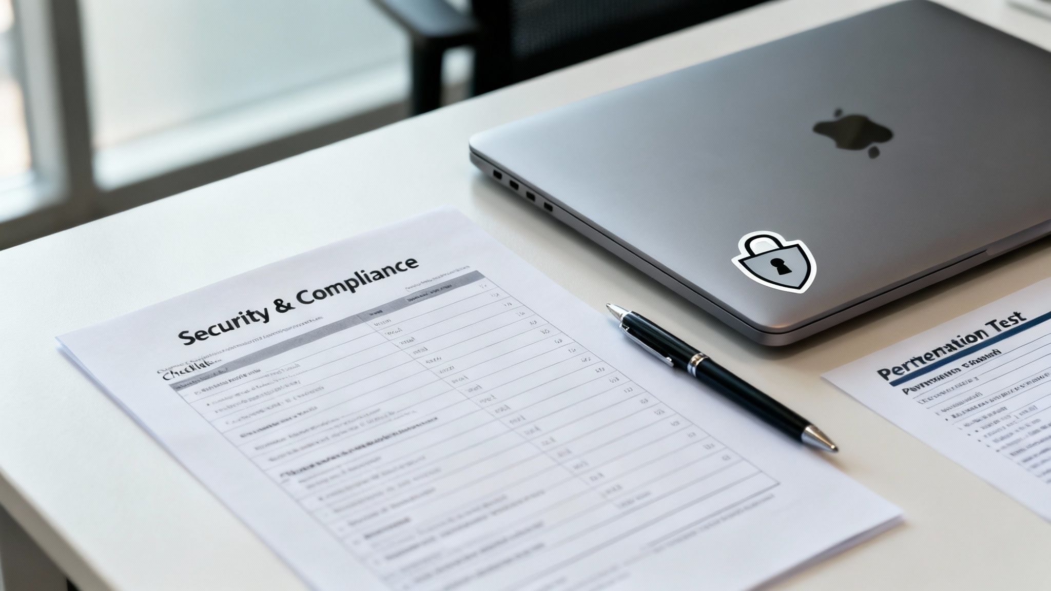 A white desk features a laptop with a lock sticker, a pen, and security compliance documents.