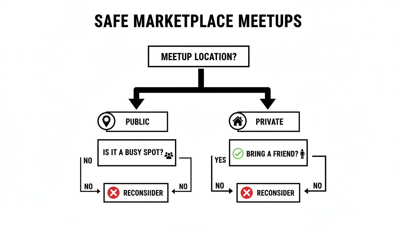 Flowchart illustrating safe meetup guidelines for marketplace transactions, covering public and private locations.