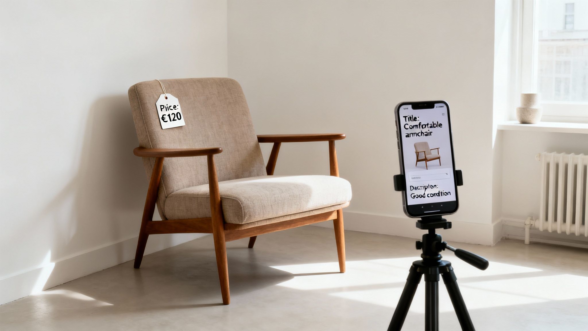 A beige armchair with a 'Price: €120' tag is filmed by a smartphone on a tripod for an online listing.