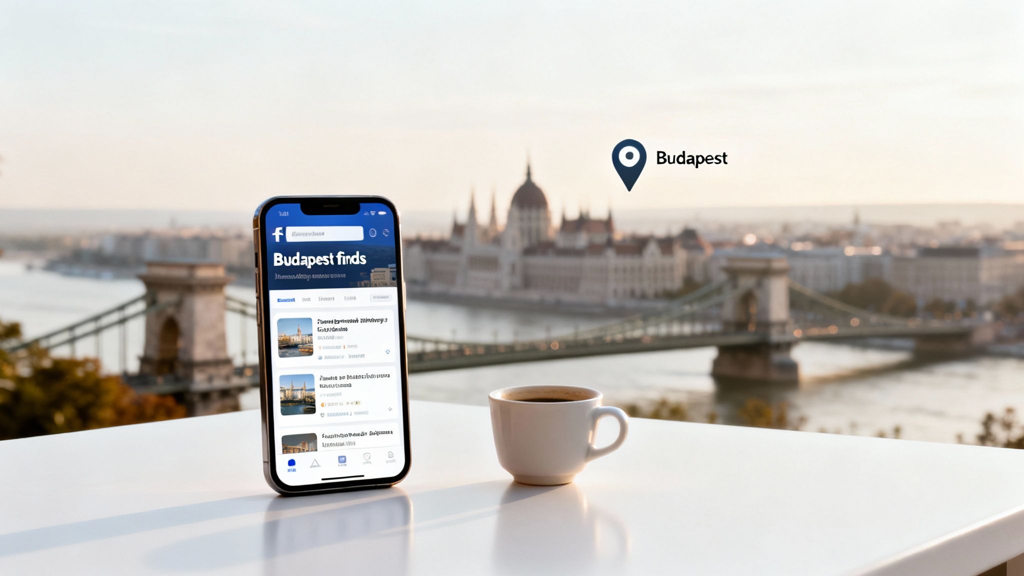 A smartphone displays 'Budapest finds' on Facebook, next to a coffee cup, overlooking the Budapest cityscape.