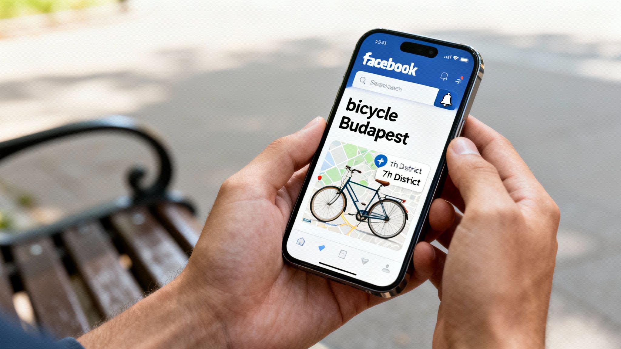 A person holds a smartphone displaying the Facebook app, searching for 'bicycle Budapest' on a map.