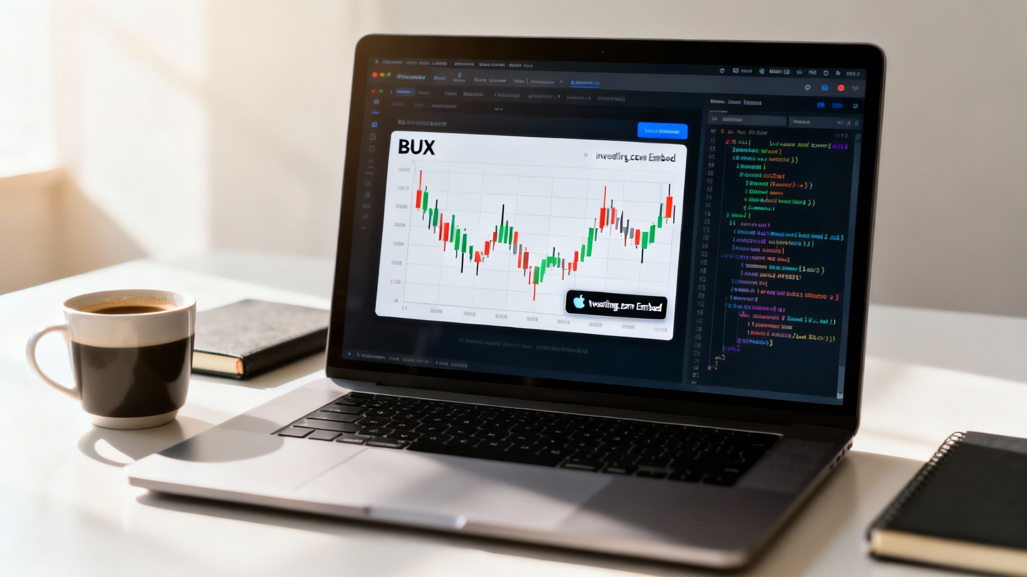 Modern workspace with a laptop showing financial data and programming code, alongside coffee and books.