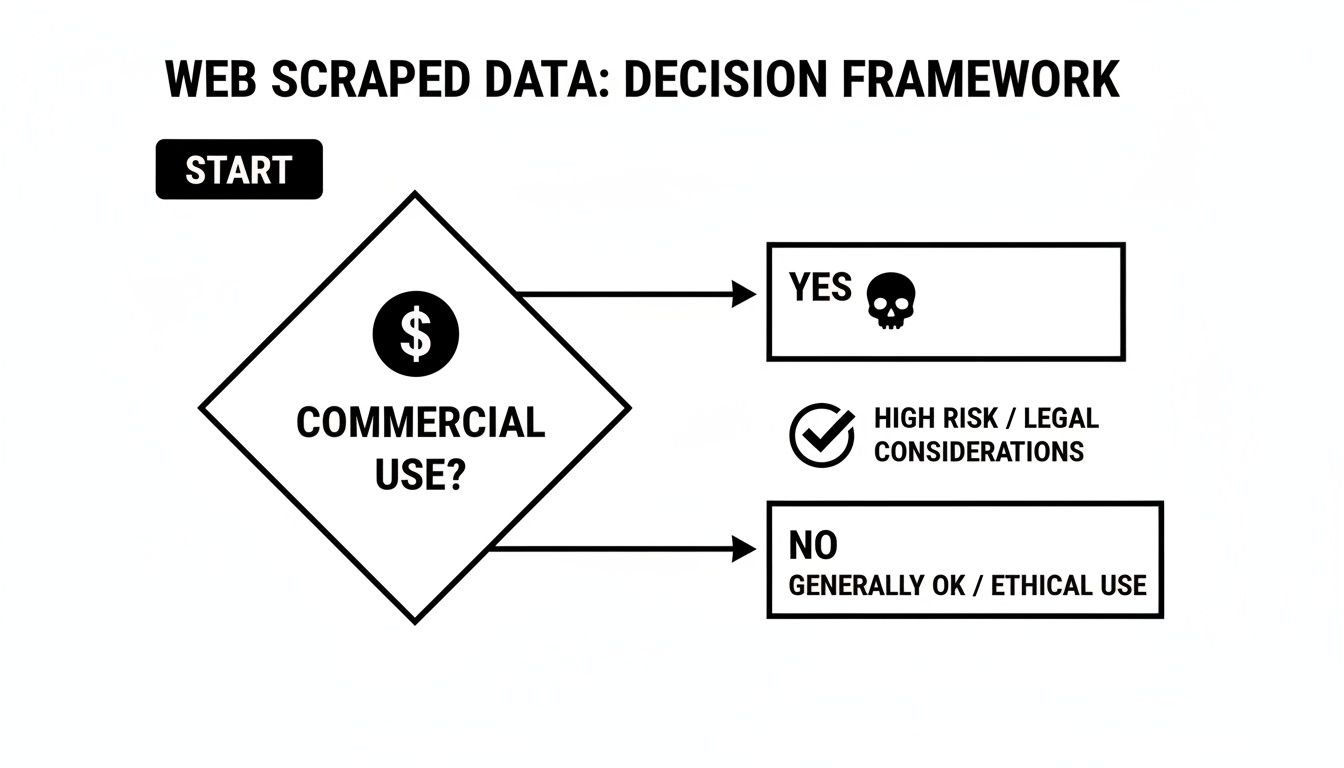 A flowchart illustrating a decision framework for web scraped data, evaluating commercial use for risk and ethics.