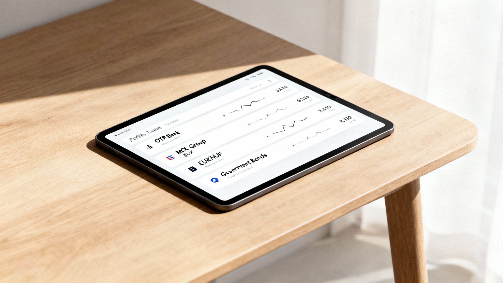 A tablet on a wooden table displaying a financial investment app with stock and bond data.