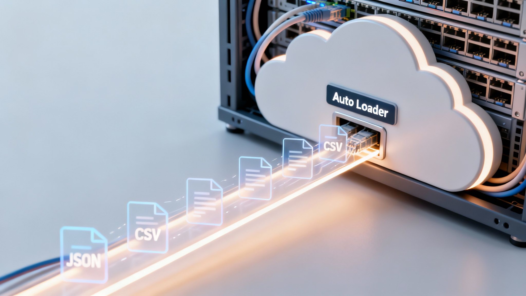 Digital illustration of data files (CSV, JSON) being loaded into a cloud 'Auto Loader' connected to a server rack.