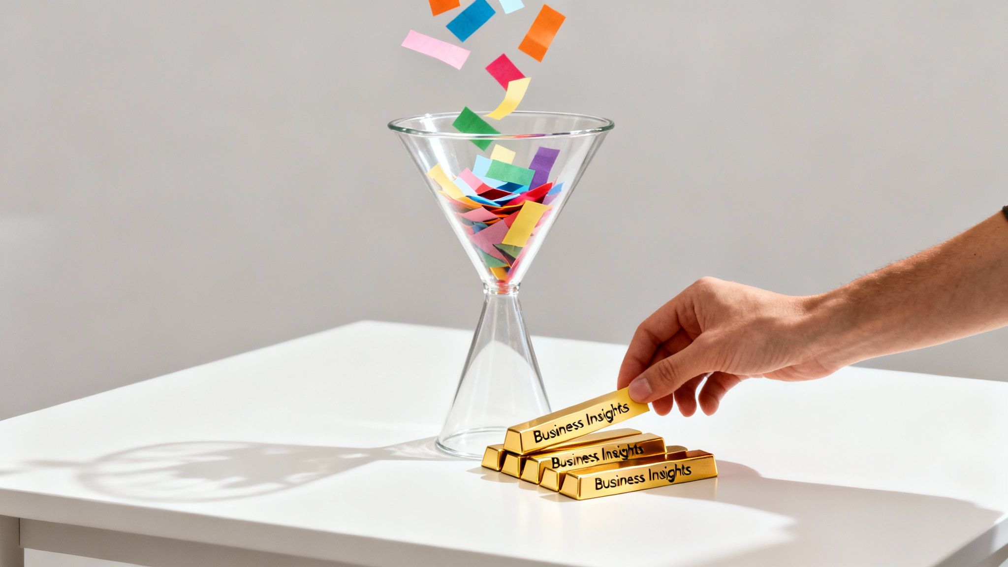 A hand stacks golden bars marked 'Business Insights' beside a funnel collecting colorful confetti.