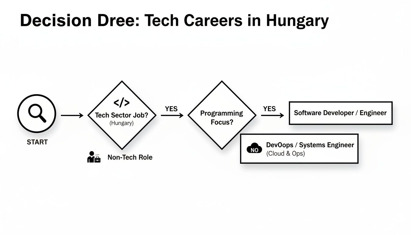 A decision tree flowchart titled 'Tech Careers in Hungary' outlining different tech job paths.