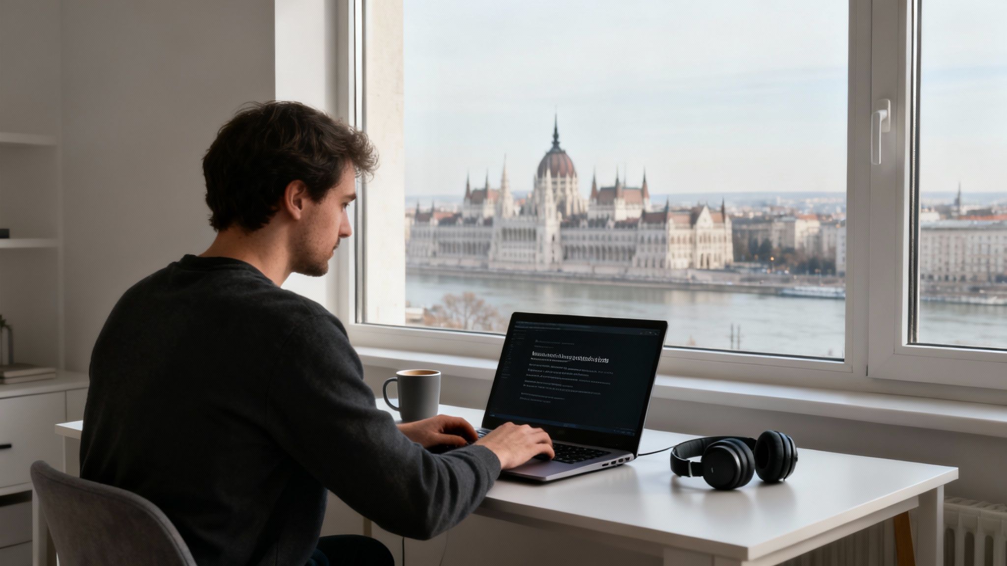 Young man working remotely on a laptop, with a stunning view of the Hungarian Parliament and Danube river.