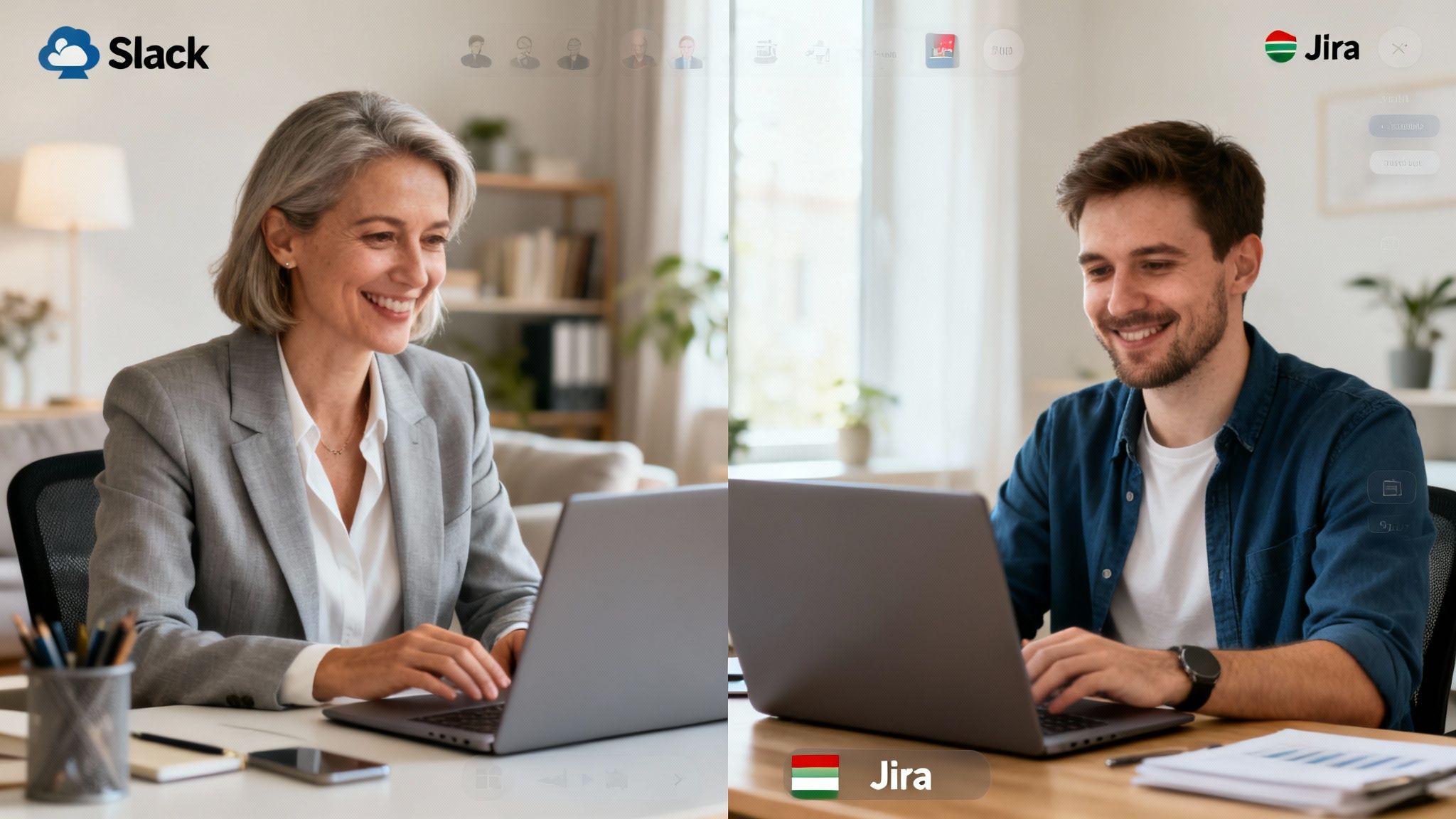 Two smiling professionals, a woman and a man, happily working remotely on laptops during a video conference.