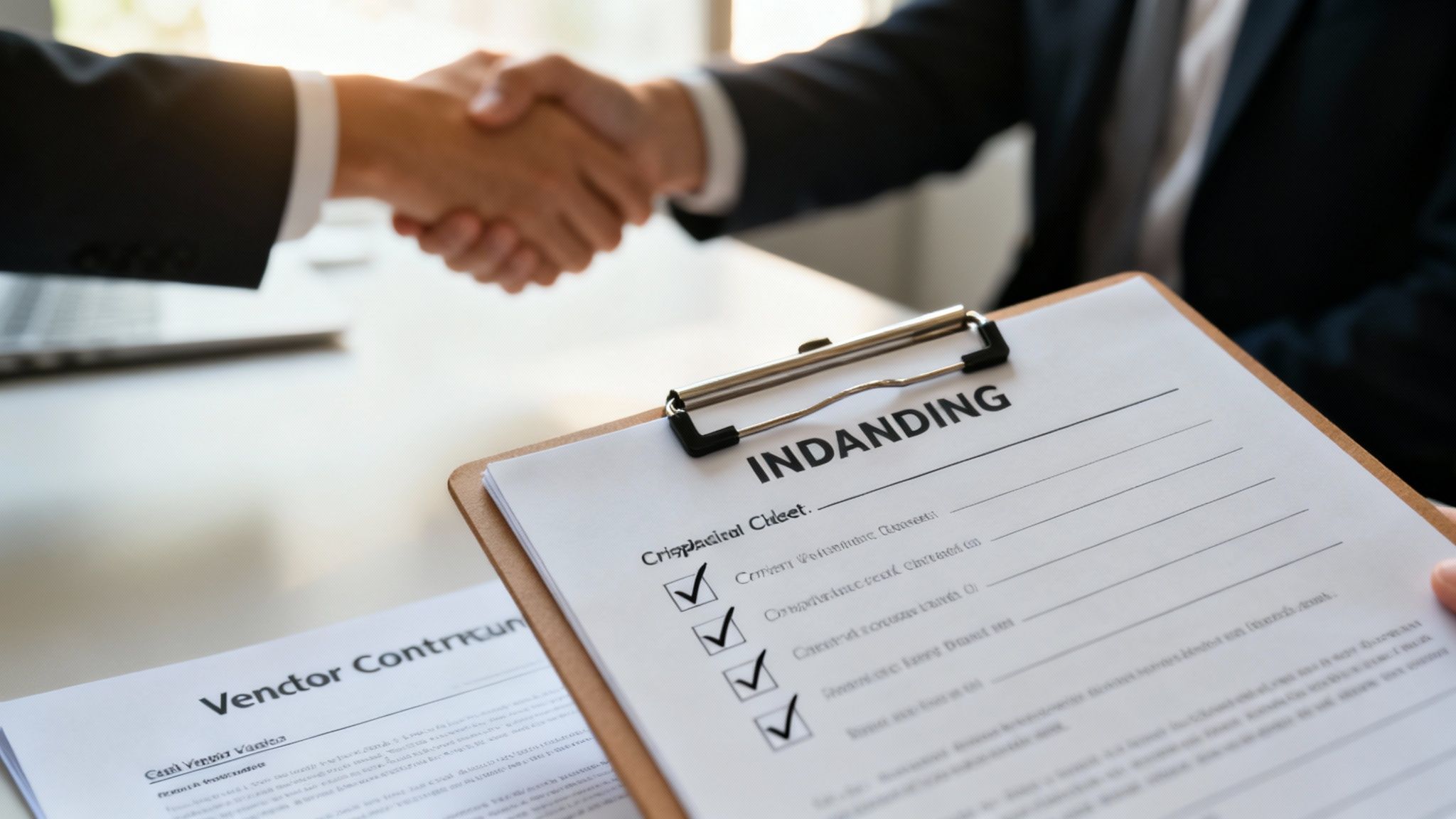 Two businessmen in suits shaking hands over a table with signed documents, signifying a completed deal.