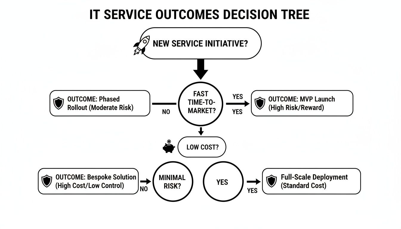 A decision tree flowchart illustrating IT service outcomes based on fast time-to-market, low cost, and minimal risk.