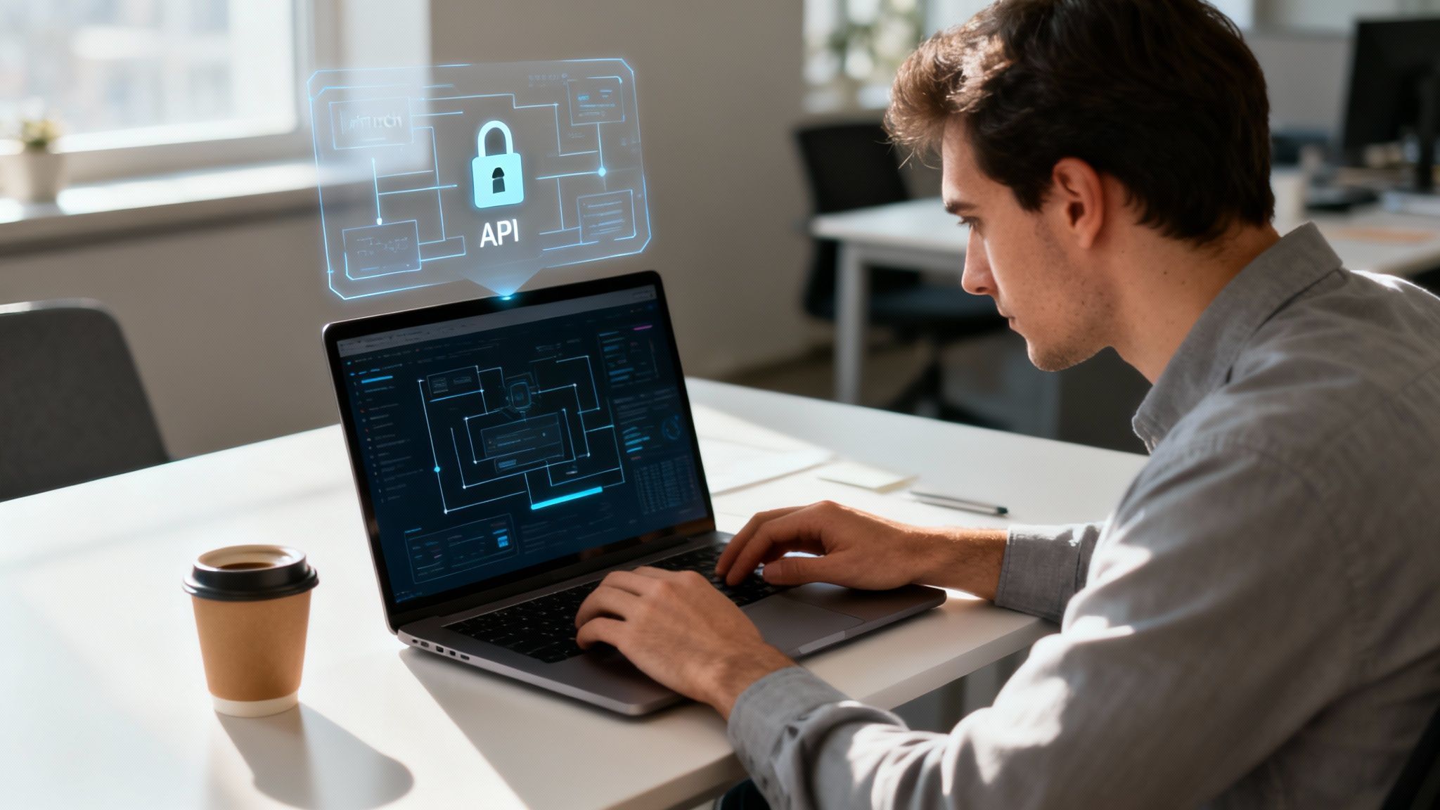 A man works intently on a laptop displaying an API security diagram with a holographic overlay.
