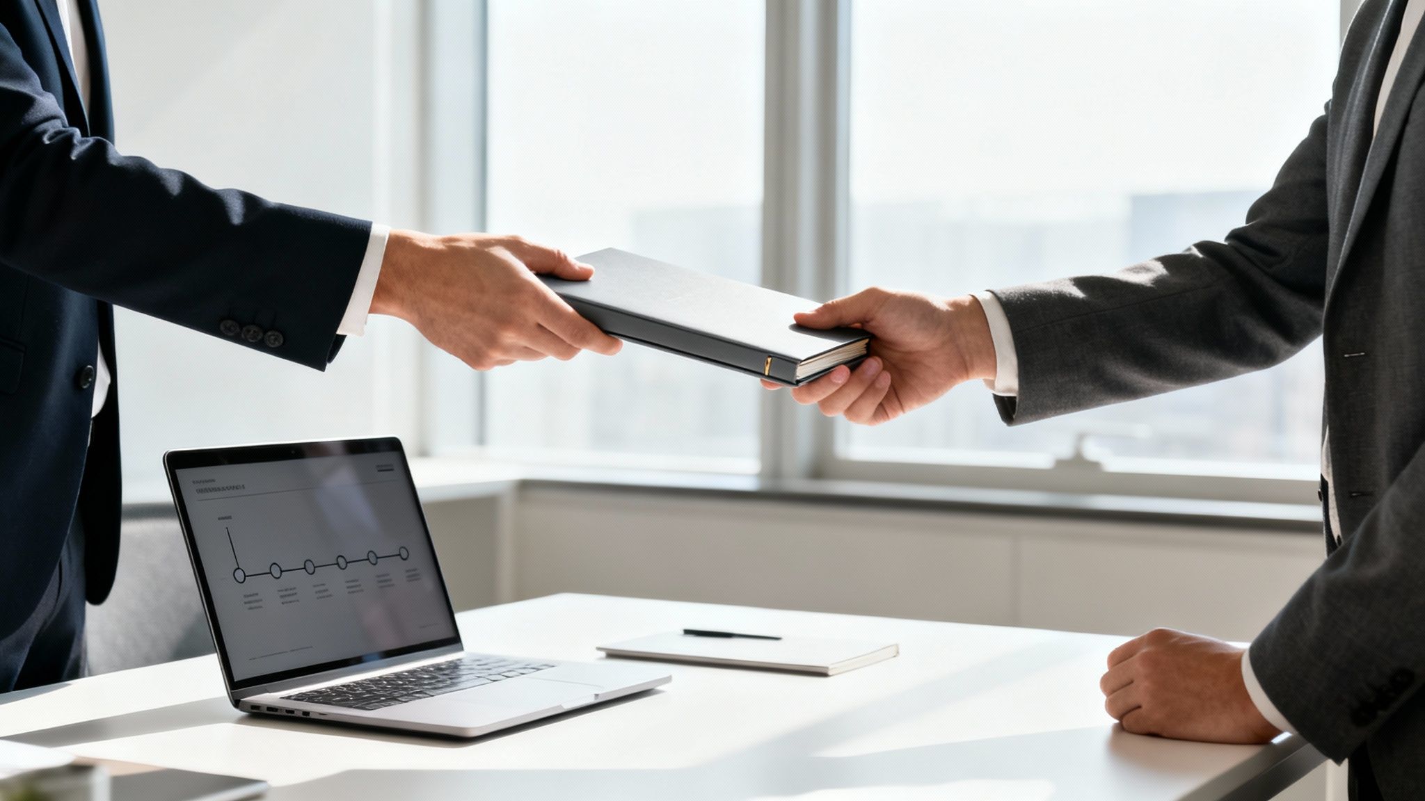 Two business people in suits exchanging a book or document over an office desk with a laptop.