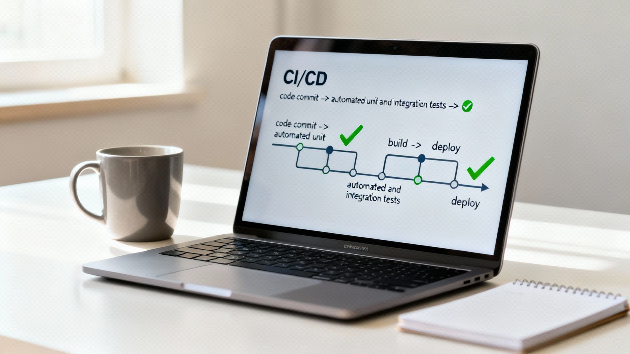 A laptop on a white desk displays a CI/CD pipeline diagram with automated testing steps.